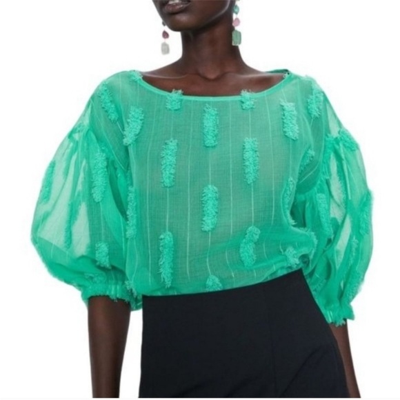 New with tags Zara Sheer Puff Sleeve green Blouse - Picture 1 of 7